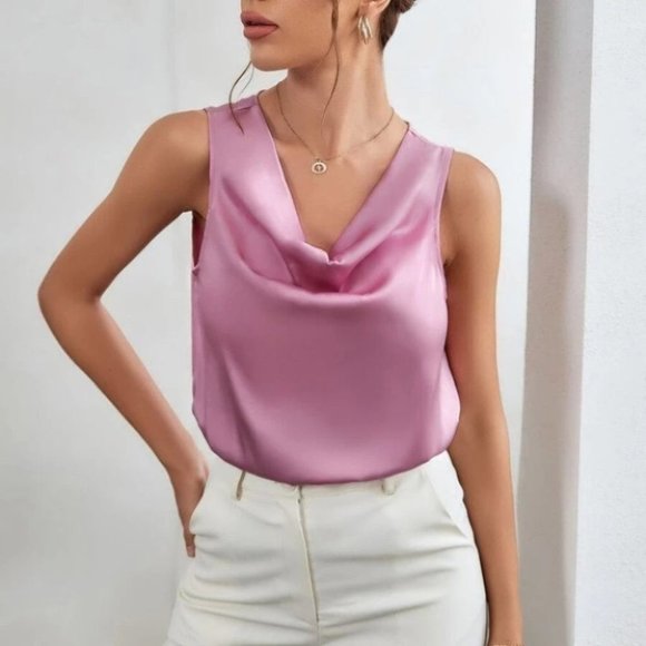 undefined Tops - Draped Neck Satin Blouse